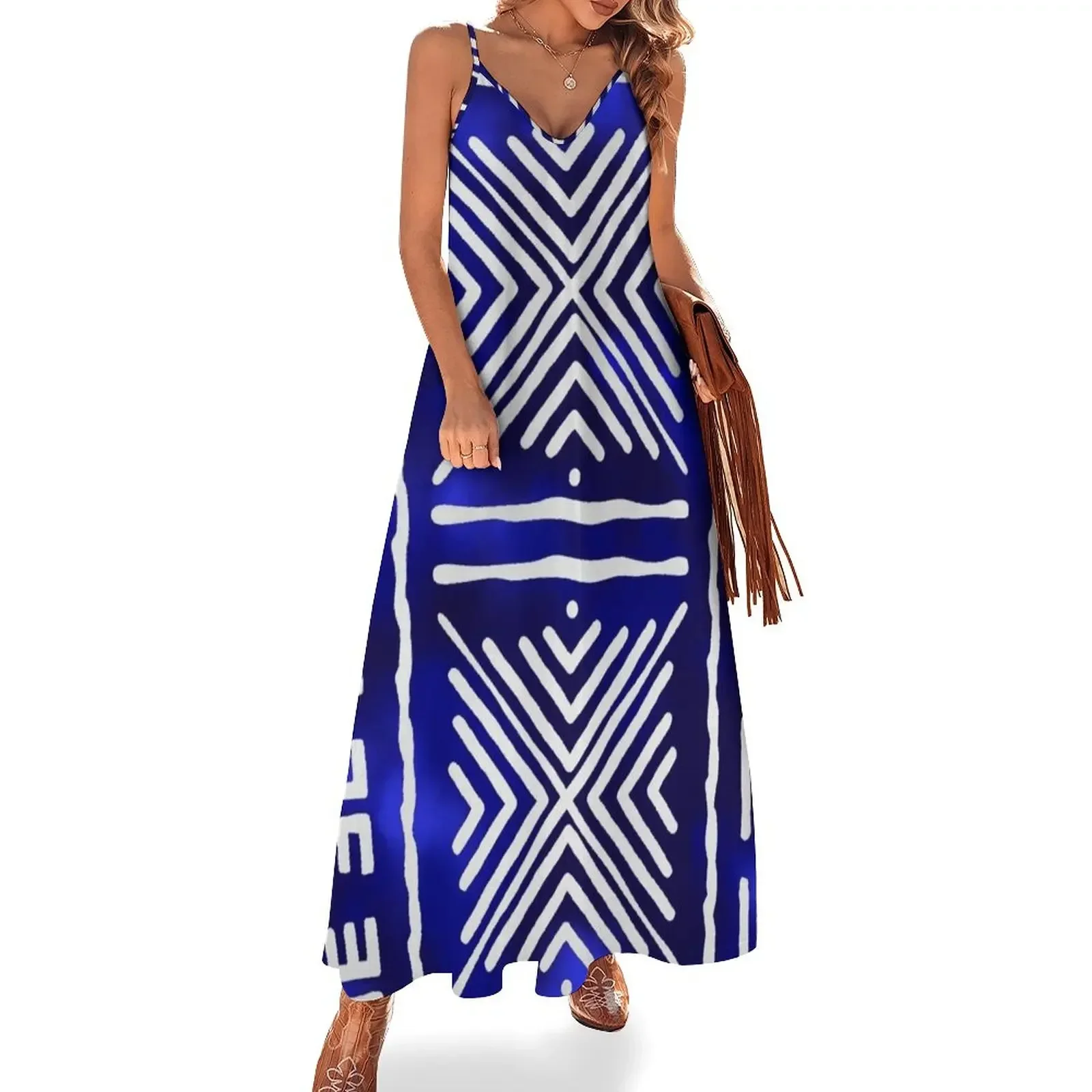 

Blue African Mud Cloth Design Sleeveless Dress dress for women 2024 Dress women summer clothes