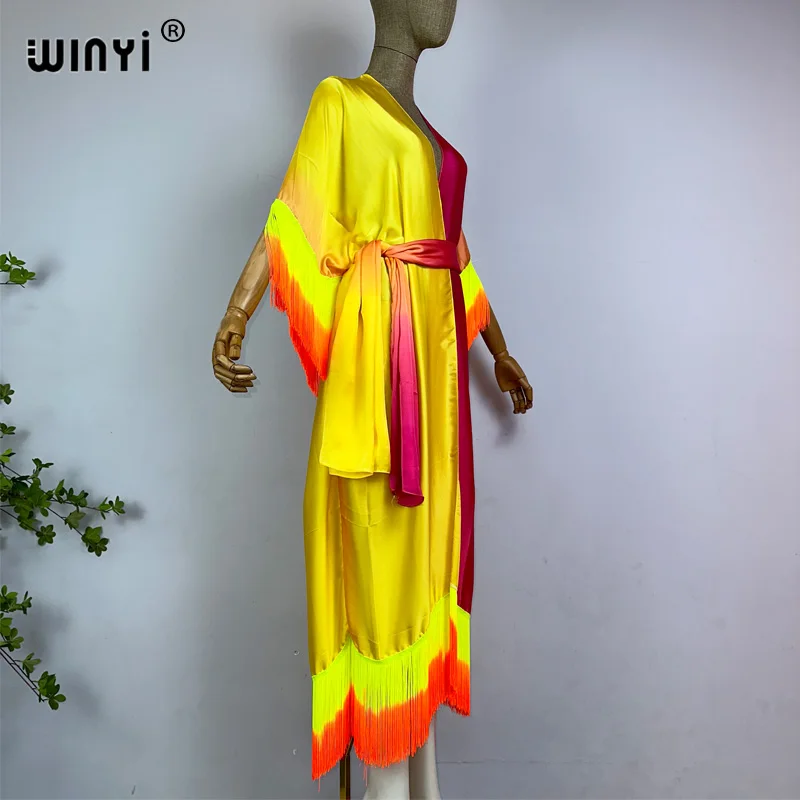 WINYI-Cache-maillot kimono boho, imprimé à franges graduelles, cardigan élégant, sexy, glands, robe maxi, vacances, été