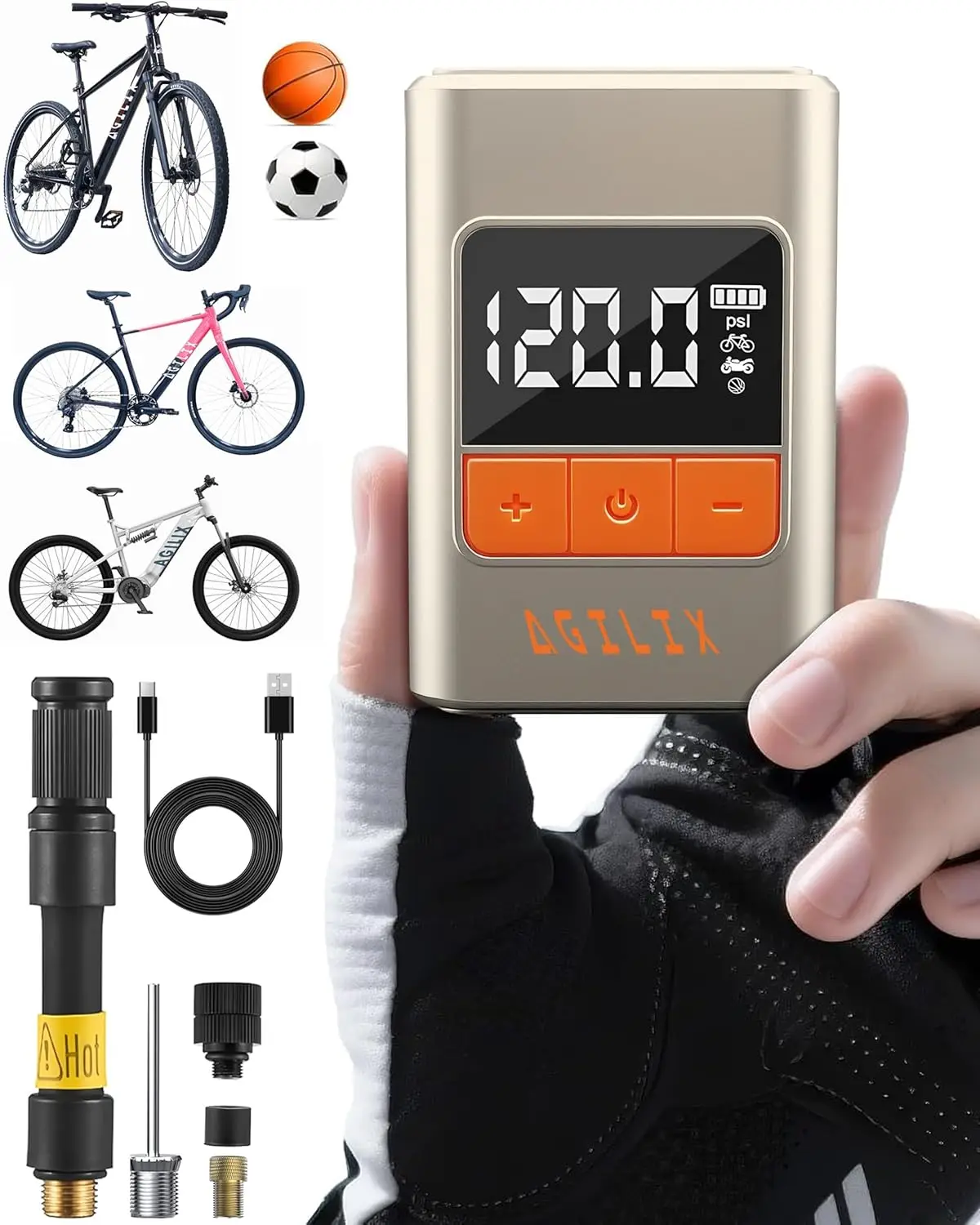 

120PSI Portable Electric Bike Pump with Gauge, Auto Stop, Type-C Rechargeable for Presta & Schrader Valves