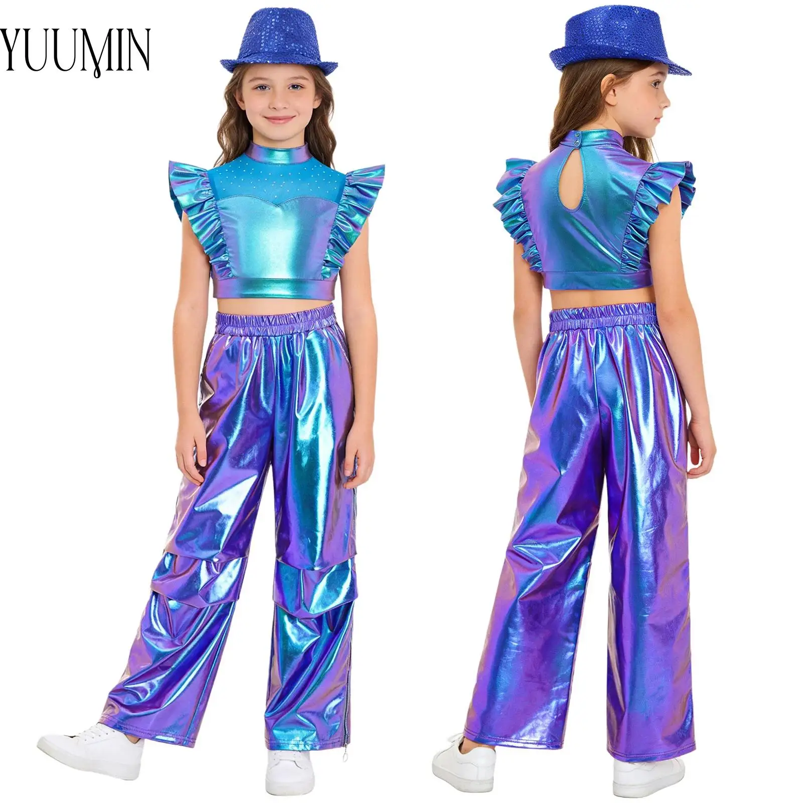 Children Girls Jazz Hip Hop Street Dance Outfit Sleeveless Mesh Rhinestone Adorned Metallic Crop Top+Cargo Pants+Sequins Hat Set