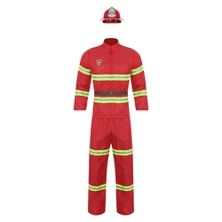 Adult Men Firefighter Cosplay Costume Set Fireman Fire Captain Uniform with Belt Helmet Outfit Festival Carnival Party Dress Up