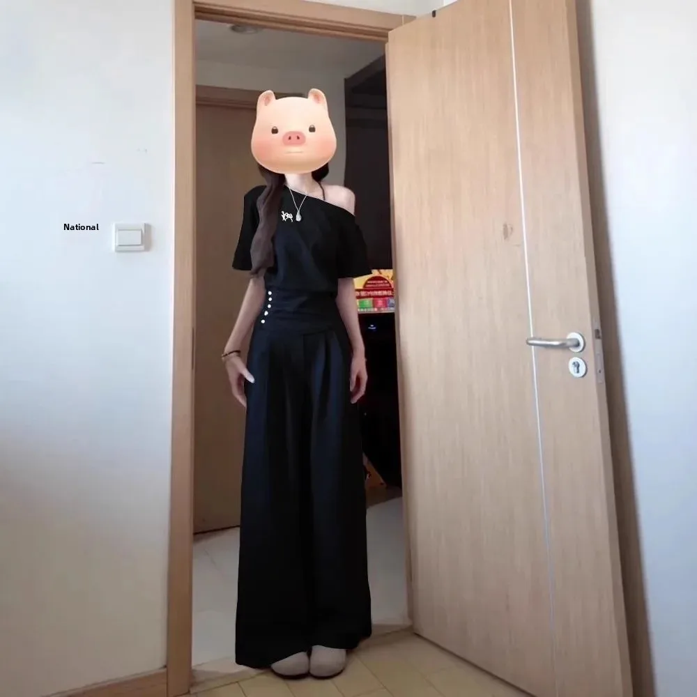 

NICE Korean Style Fashionable Women's Set Summer New College Style Waist-Cinching Slimming Short Sleeve Wide Leg Pants Two-Piece