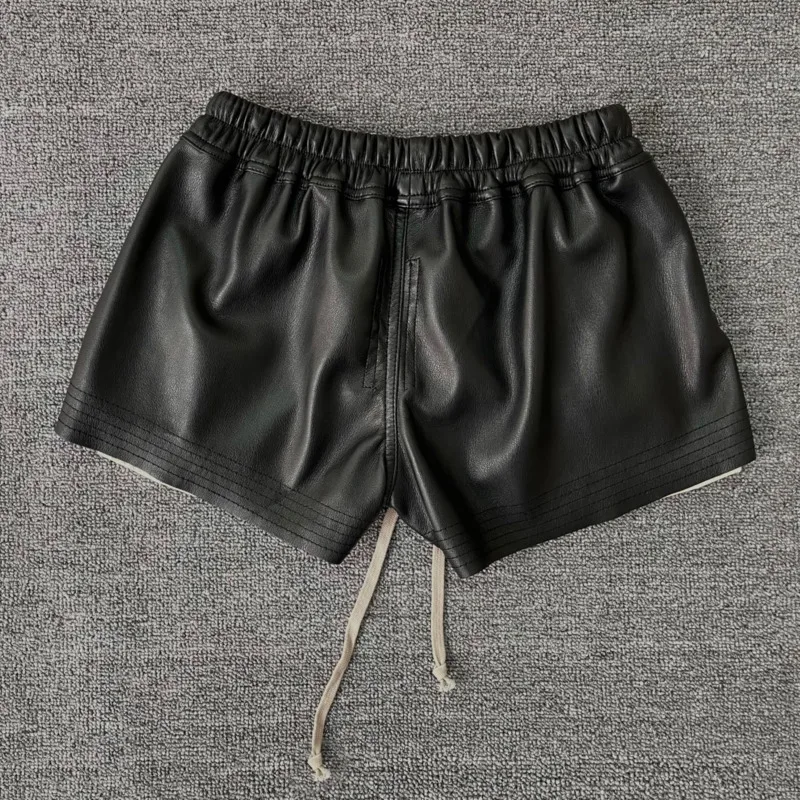 HKSH 2026 Summer New Women's PU Leather Shorts Dark RO Style Side Split Color Block Elastic Waisted Drawstring Hot Pants HK18687