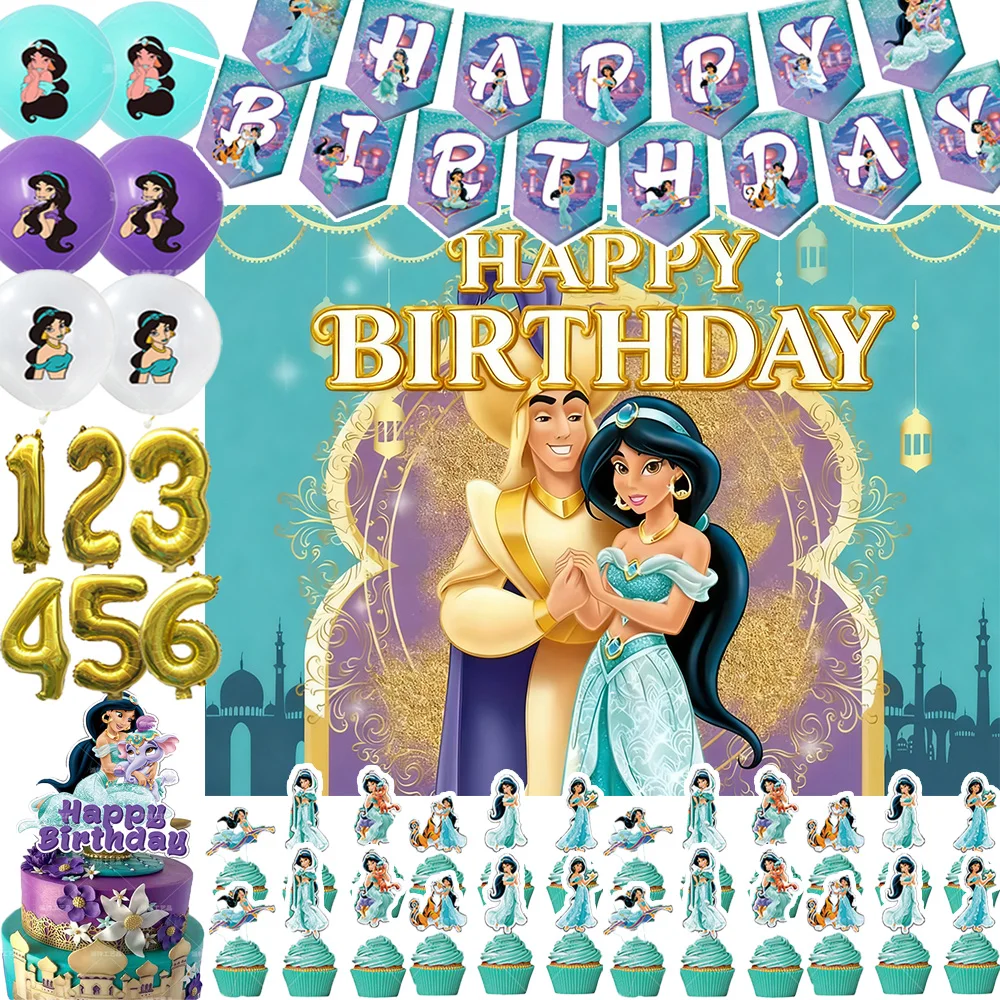 

Disney Jasmine Princess Theme Birthday Party Supplies Movie Aladdin Balloons Backdrops Cake Toppers Banner Baby Shower Kid Gifts