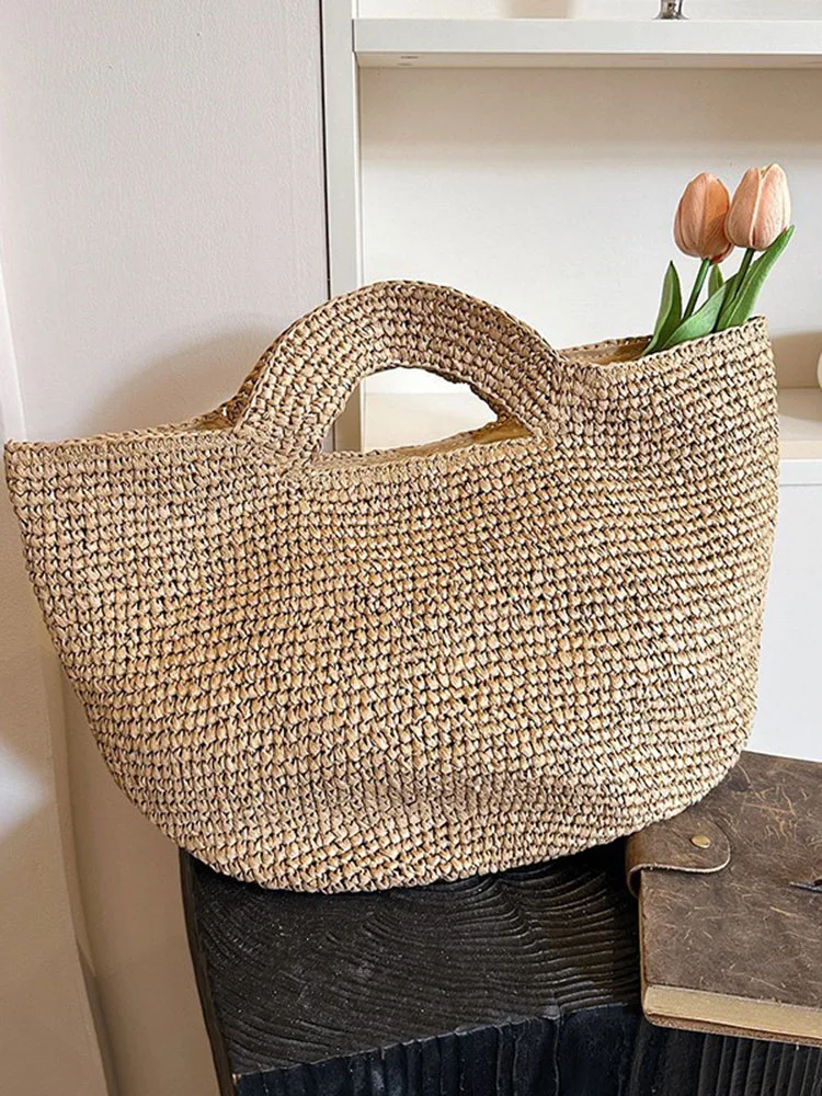 Japanese Style Simple Women Woven Bag Stylish Retro Solid Color Large Capacity Vacation Handbags New Casual Commuting Straw Bags