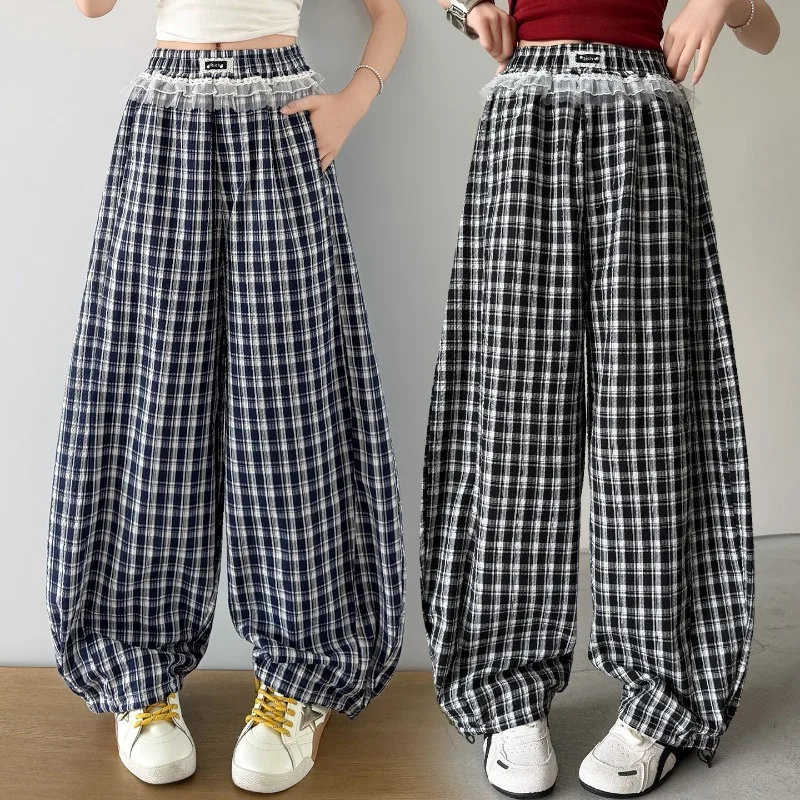 Girls Pants Spring Summer 2026 Minimalist Cute Casual Plaid Wide Leg Pants Elastic Waist Lace Ruffle Trim Children's Clothing