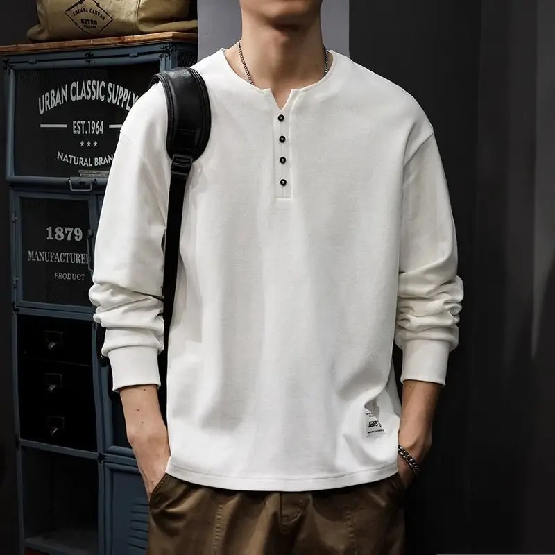 

Fall Henry Collar Men Long Sleeve Sweatshirt Korean Fashion Smart Casual Oversized Basic T Shirt Top Daily Interview Black White