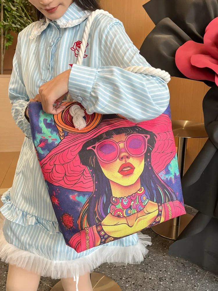 

Women'S Printed Hand-Held Tote Bag, Lightweight And Thick Rope Shoulder Bag, Fashionable And Artistic Versatile Beach Bag
