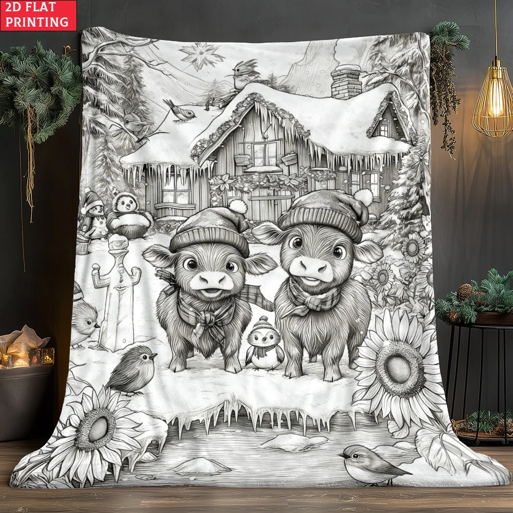 2D Flat Design, 1pc Forest Cabin Highland Cow Blanket - Home Bedding Blanket 280Gsm Suitable for Sofa Beds, Travel Camping, Livi