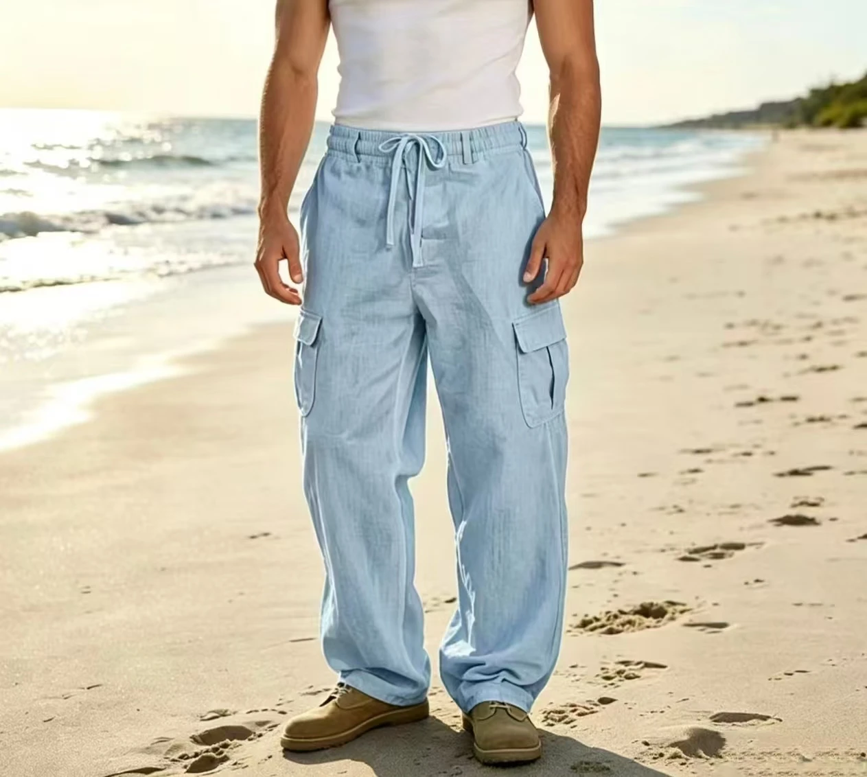 Pantalons en coton et lin pour hommes européens et américains, pantalons de travail multi-poches, pantalons amples et droits, vêtements de sport et pantalons décontractés