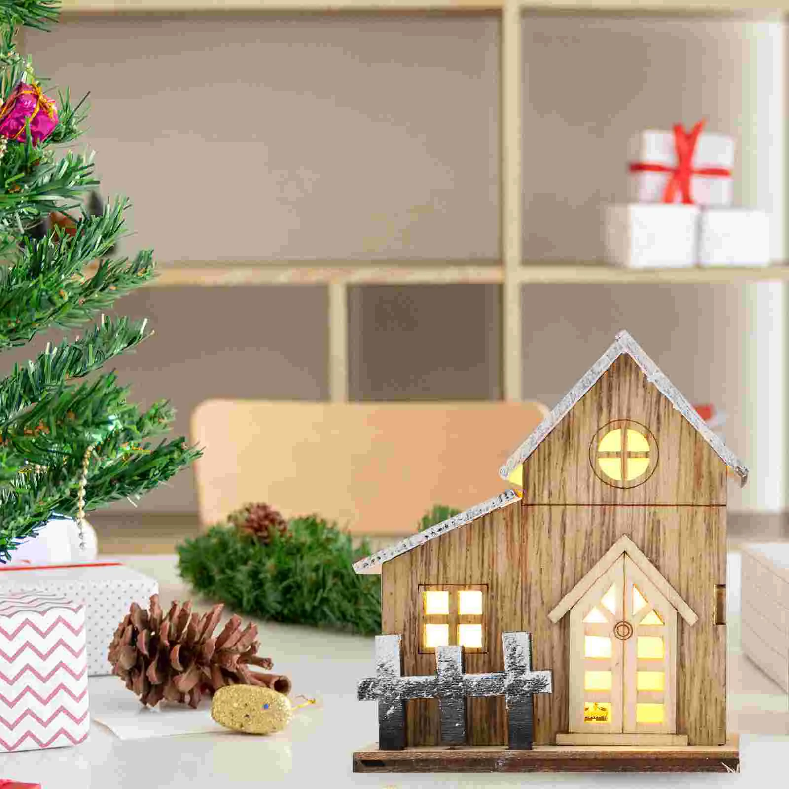 2 Pcs Holiday Pendant Decoration Glow Cabin Vintage Mini House Ornaments Christmas Village Scene Wooden