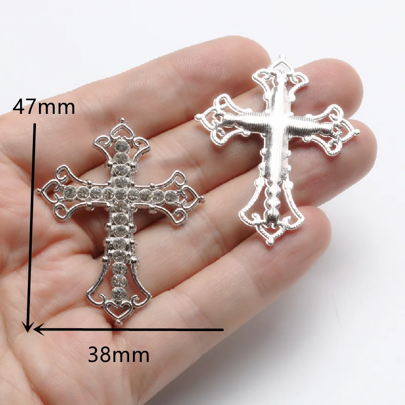 4pcs Silver Plated Hollow Handmade Rhinestone Catholic Crosses Pendant DIY Charms Necklace Earrings Jewelry Crafts Making P1077