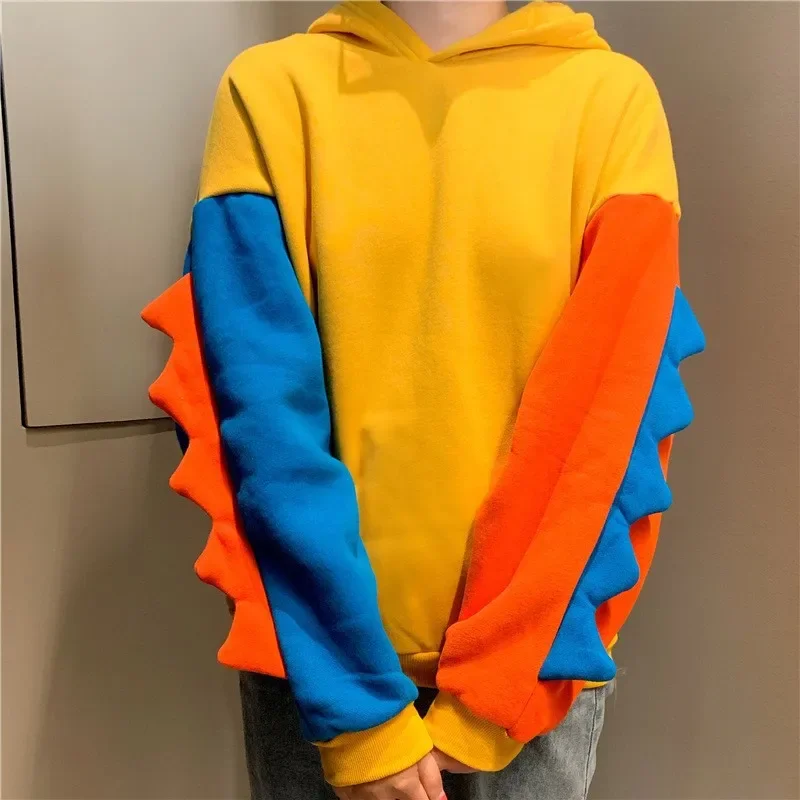 Cartoon Printed Hoodies Women Cute Irregular Color Blocked Dinosaur Contrast Long Sleeves Autumn Winter Casual Sweatshirts