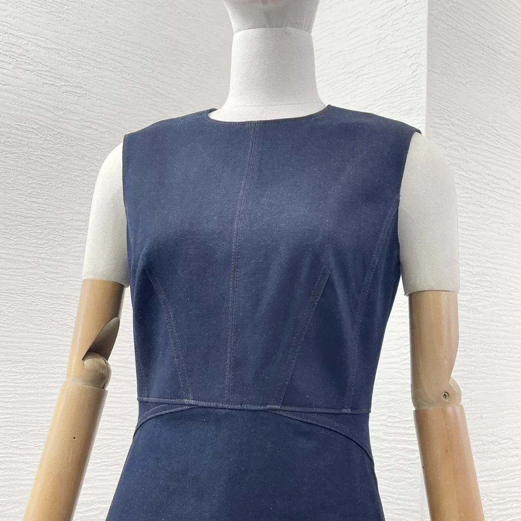 Classico nuovo 2024 A-line blu navy jeans abiti midi senza maniche da donna di alta qualità per tutti i giorni