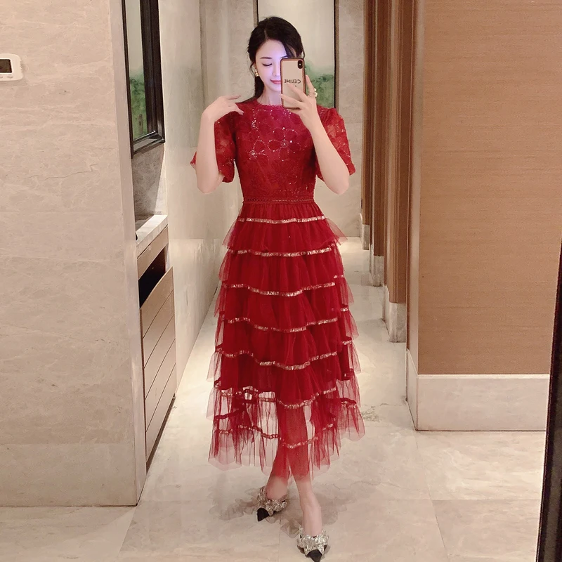 

Ele Embroidered Heavy Work Sequin Flowers Puffy Sve Waist Cinched Tulle Cake Dr for KTV ort Sve Midi Dr