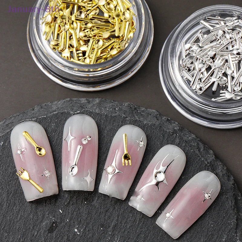 50Pcs Mixed Ins Niche Tableware Series Spoon Fork Nail 3D Metal Nail Mold Nail Decorations DIY Nail Art Charm Accessories