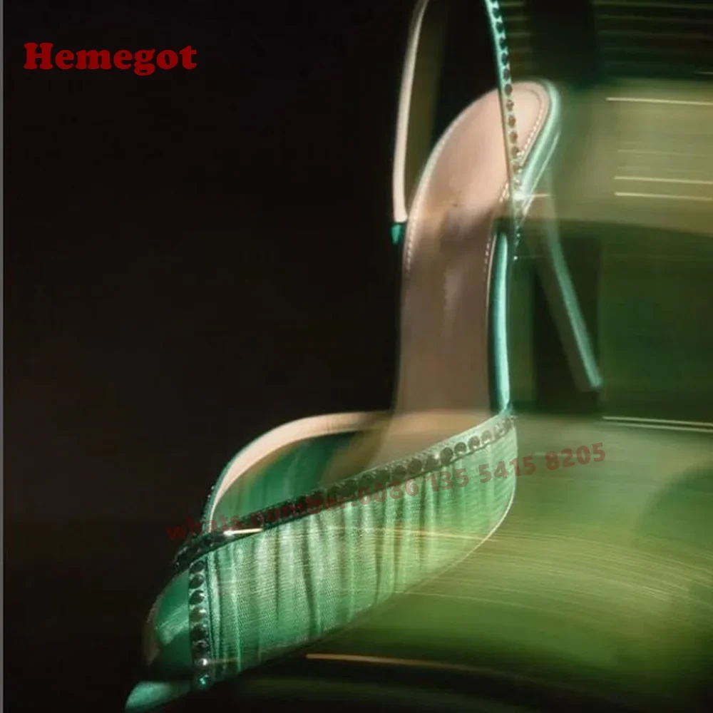 

Green Rhinestones Slingback Sandals Open Toe Air Mesh Stiletto Heels Women's Sandals Crystals Satin Solid Summer Shoes Luxury