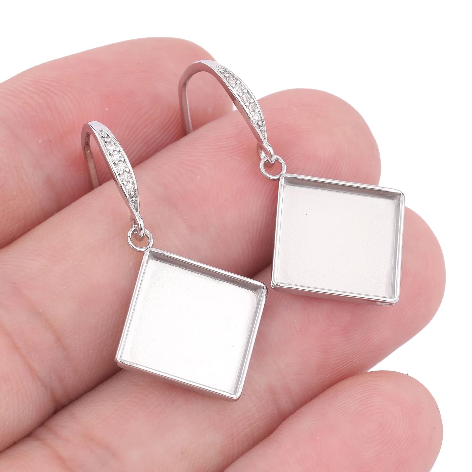 10pcs Zircon Stone Earring Wire Hooks Findings Fit 12mm 15mm Square Cabochon Earring Base Setting Blanks Stainless Steel Diy image 2