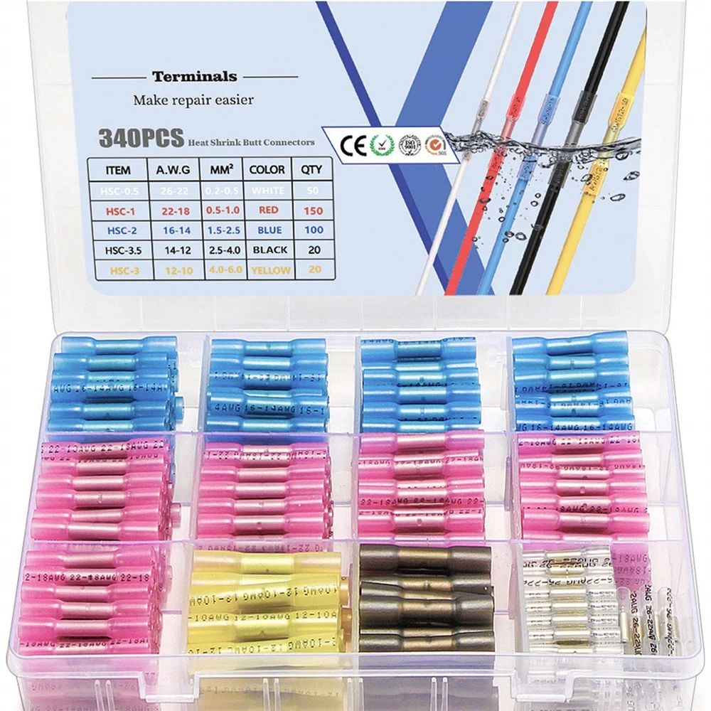 

340 PCS Heat Shrink Butt Connectors Waterproof Electrical Wire Connectors Insulated Automotive Butt Connectors