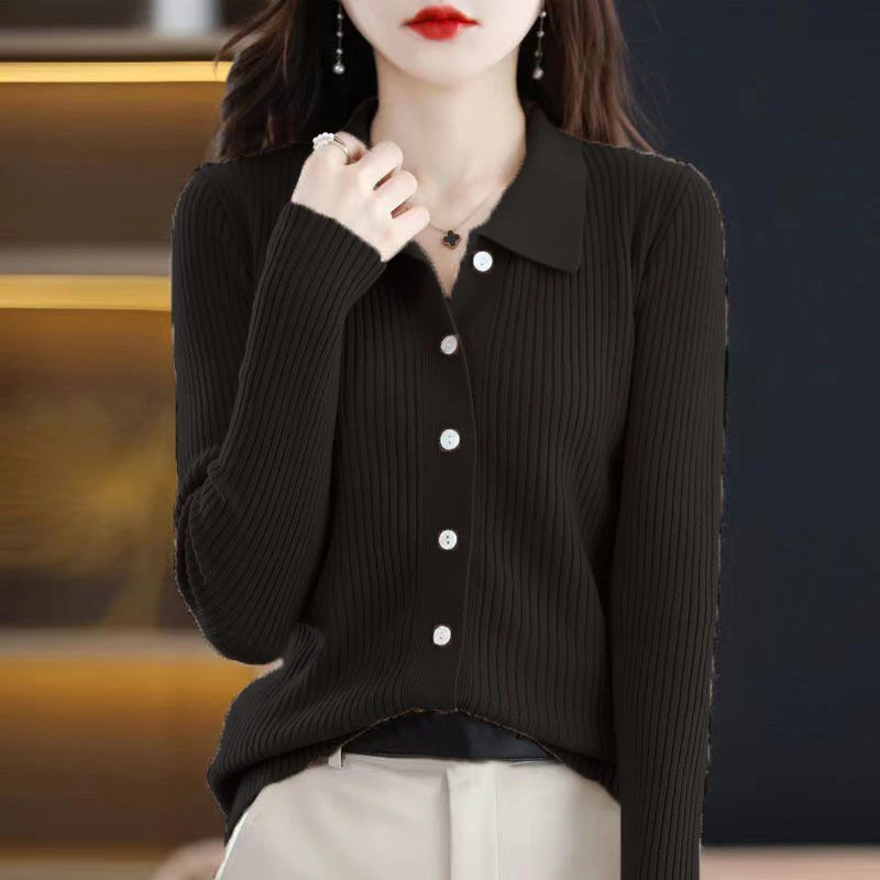 Autumn Winter 2022 New Polo Collar Slim Ladies Tops Fashion Casual Long Sleeve Chic Sweet Buttons Knitted Cardigan Sweater Women