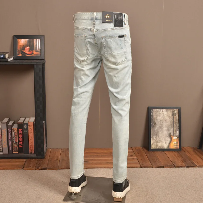 Retro Distressed Light Color Hole Jeans Men's 2024 Summer Thin Stretch Slim High-End Scrape Patch Casual Ankle Banded Pants