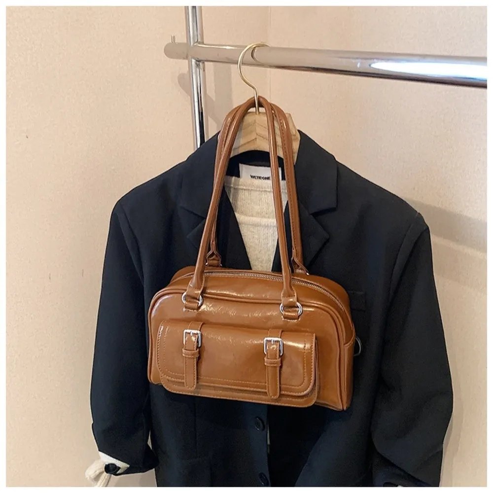 

All-match Korean Style PU Bowling Bag Handbag Minority Design Pocket Boston Tote Bag French Style Solid Color Underarm Bag Girls