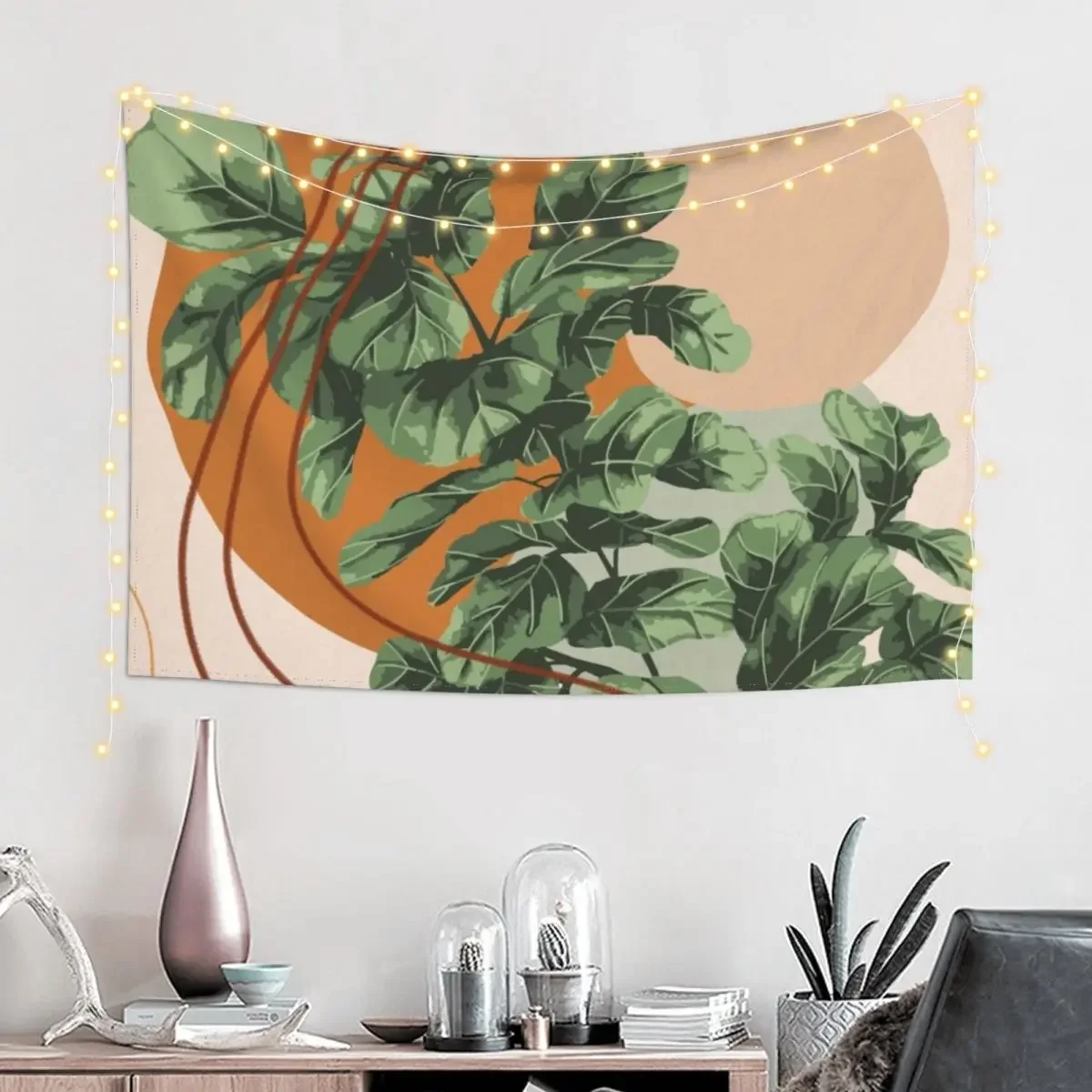 Mid Century Modern, Abstract Plant Illustration, Fiddle Leaf Fig Art Tapestry Room Decoration Accessories House Decor Tapestry