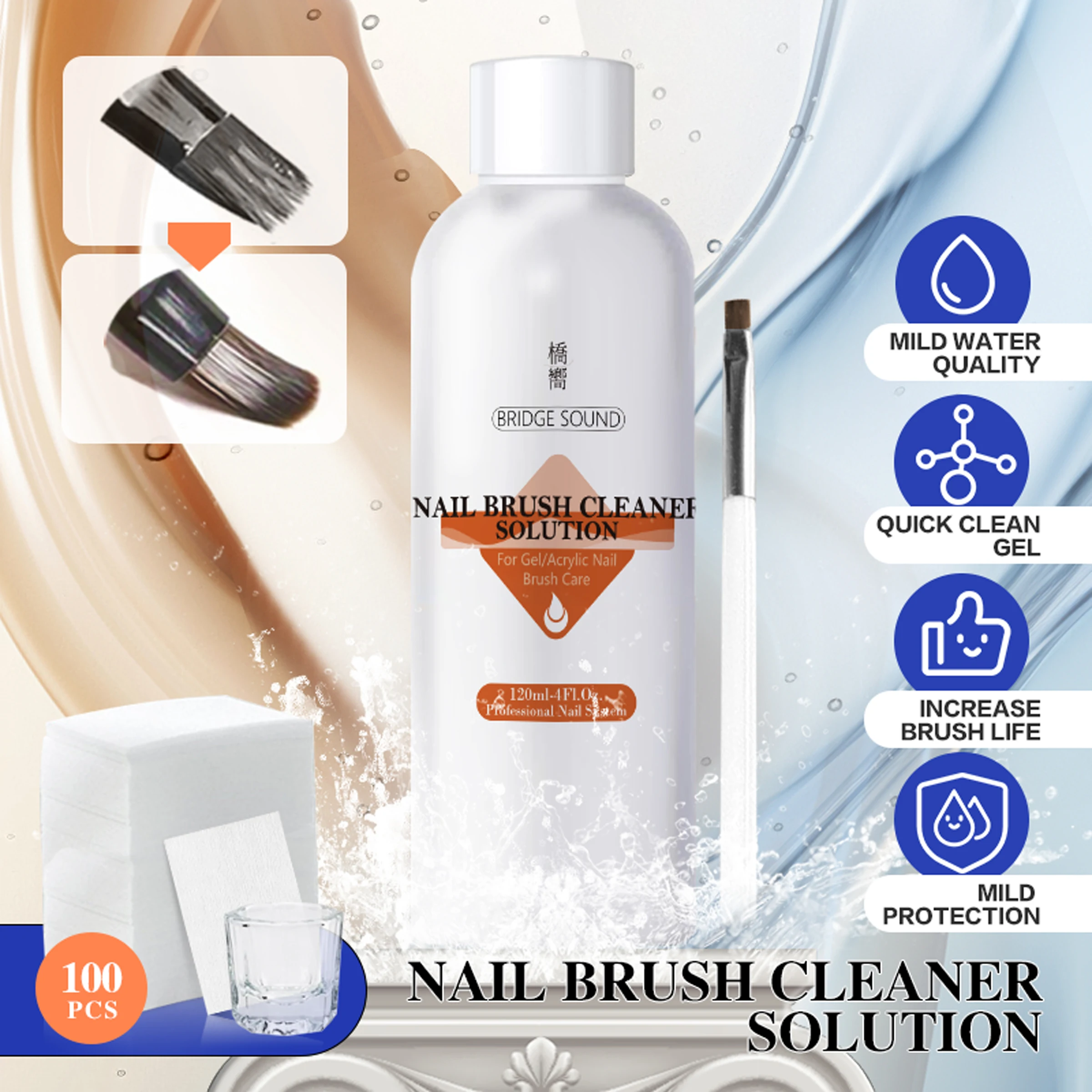 Kit detergente per pennelli per nail art da 120ml. Ha penna gel, tazza e 100 fogli. Portatile. Pulisce e mantiene i pennelli