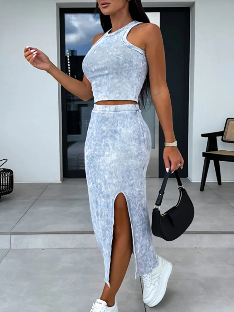 Drauuing Solid Skinny Top And Skirt Outfits Sexy Lady Summer Slim Skirt Two Piece Set Women Slit Skirt Matching Suit Vestido New