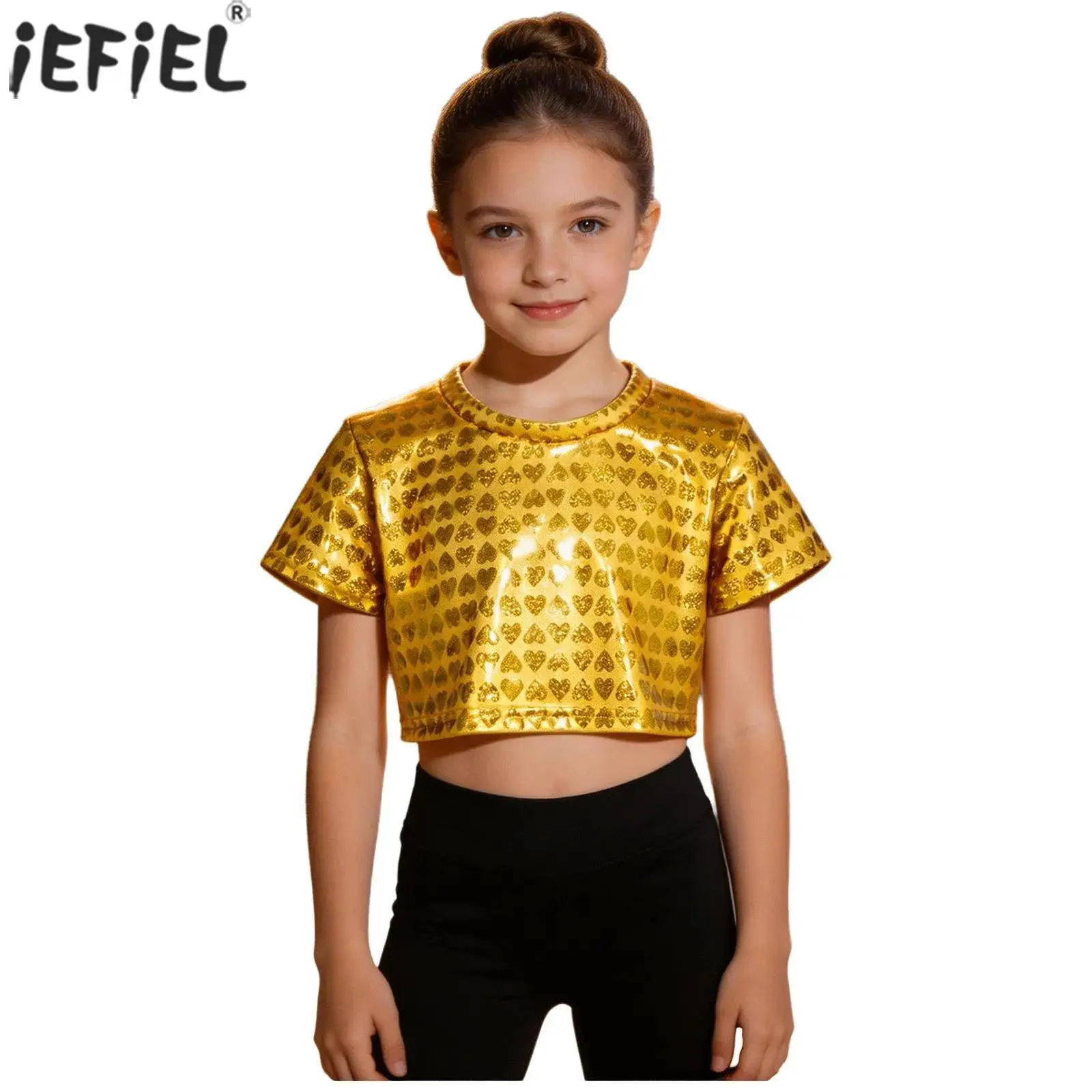 Kids Girls Metallic Heart Printed Crop Top Hip Hop Jazz Dance Costume Long Sleeve Shiny T-shirt for Cheerleading Performance