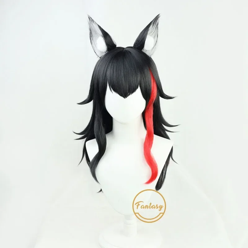 شعر مستعار كوسبلاي من okami-Mio Vtuber olive ، شعر اصطناعي طويل أسود مجعد ، شعر مستعار لحفلات الهالوين ، آذان قبعة