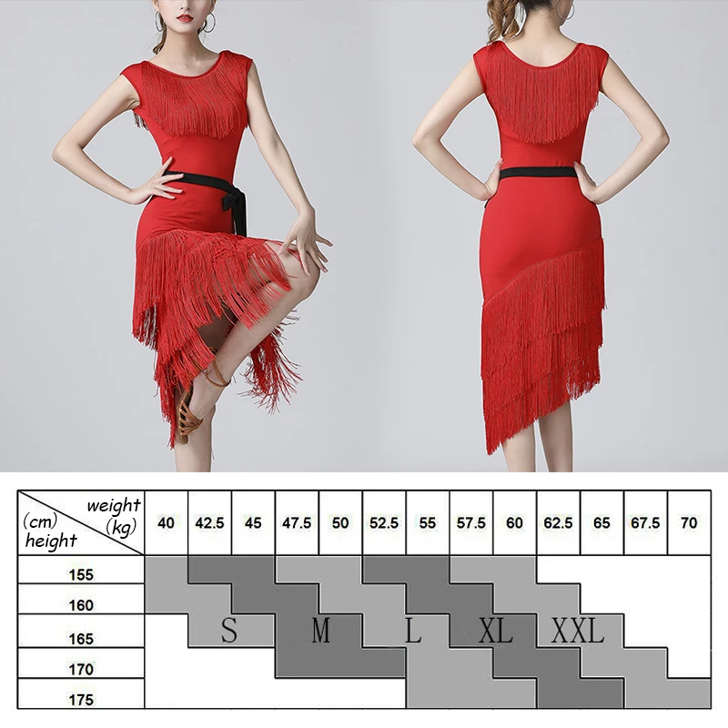 Women Latin Rumba Dance Dress Sleeveless Asymmetrical Hem Tassel Dress with Shorts Belt Cha-Cha Tango Samba Competition Costume