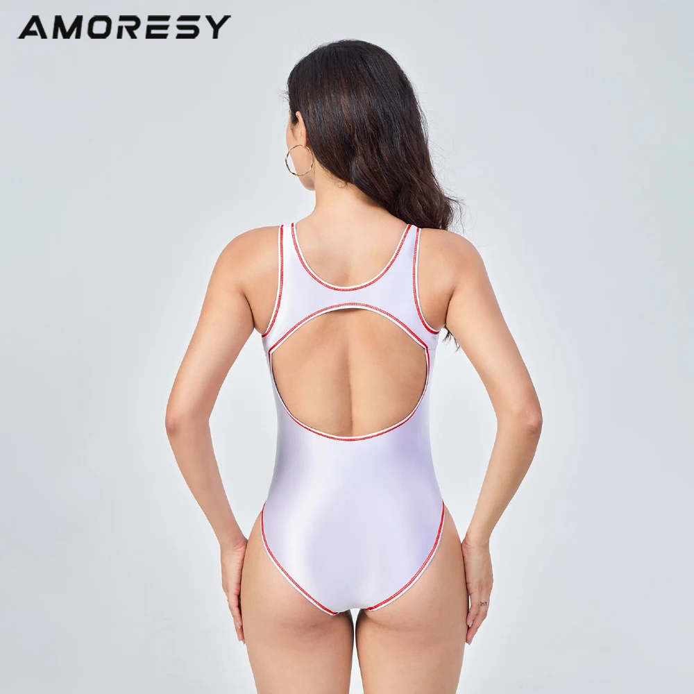 AMORESY Women Sexy Glossy Shiny Backless Swimwear One Piece Colorful Stitching Spandex Oil Yoga Leotards Surfing Swimsuit Tights