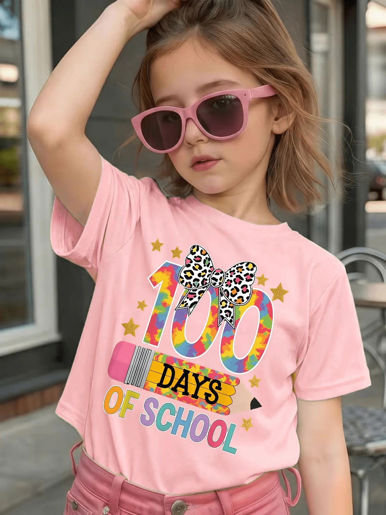 Kids Family Tee 100 Days Of School Leopard Bow Pencil Print Short Sleeve Star Soft Casual Back To School Parent Kid Daily Tops