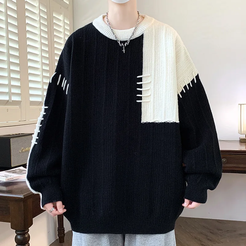 

Patchwork Color Blocking Men's Winter Sweater, Oversized Jacquard Mans Pullover with Unique Texture, Casual Y2k Men's Knitwear