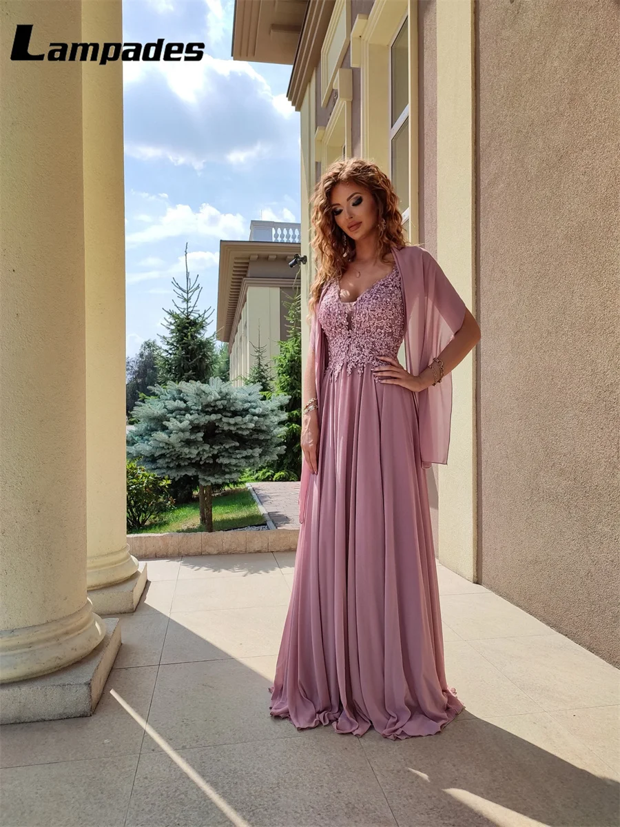 V-neck Dark Pink Long Evening Dress with Detachable Chiffon Wrap robe de soiree femme pour mariage Formal Party Gowns