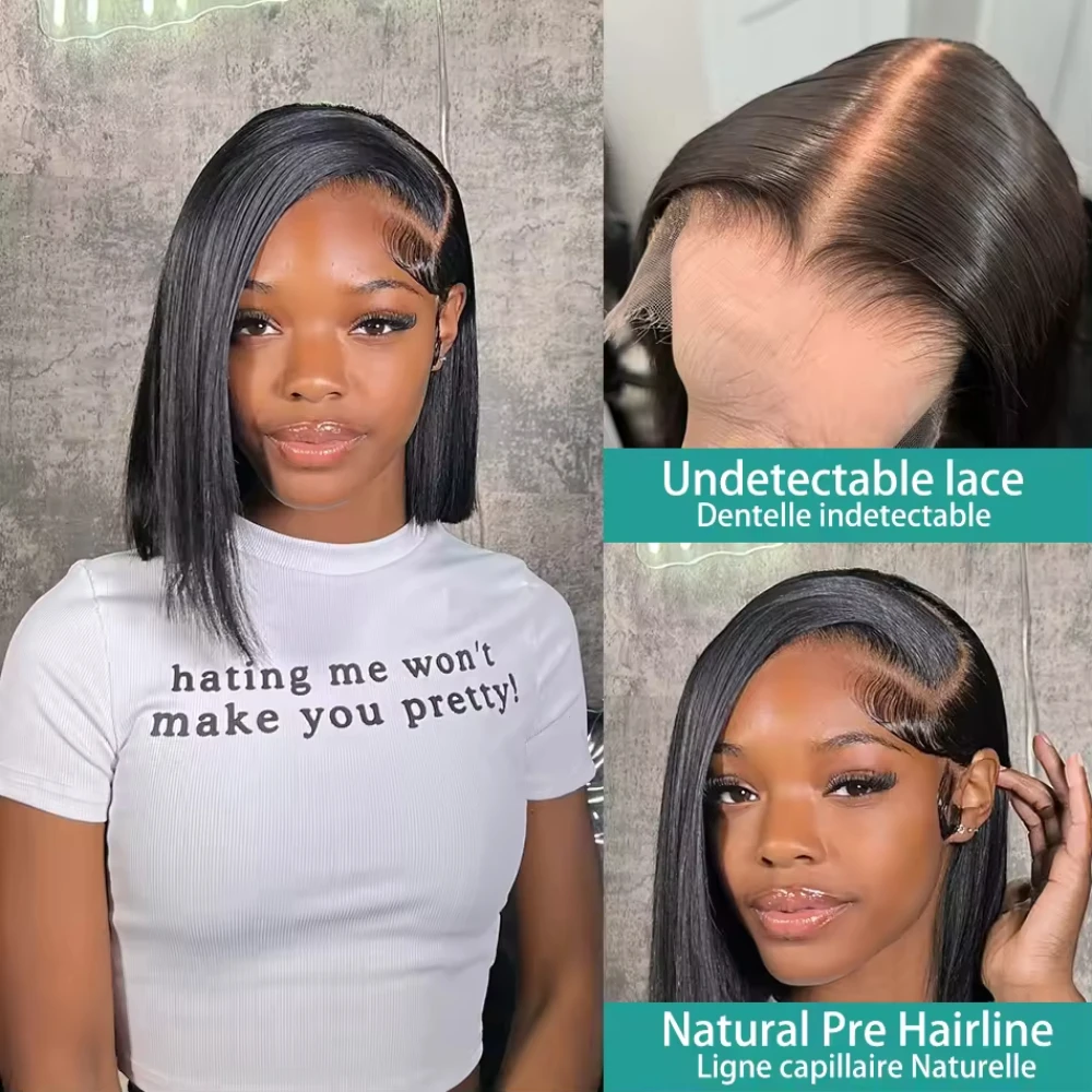 Kurze, glatte Bob-Perücke aus Echthaar, natürliche Farbe, 13x4 von Ohr zu Ohr, HD transparente Lace-Frontal-Bob-Perücke, vorgezupfte Haarlinie mit Babyhaar, klebefrei, sofort tragbar, Remy-Echthaar,