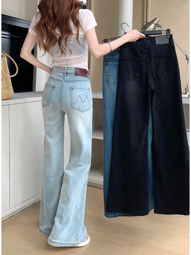Hellblaue Bell-Bot-Jeans für Damen in Übergröße, hohe Taille, elastisch, bodenlang, lässige Baumwoll-Stretch-Denim-Hose mit geradem Bein