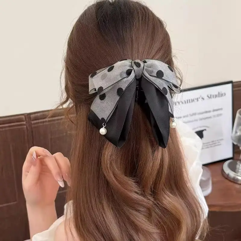 Elegant Gray Polka Dot Bow Hairpin For Women Girls High-end Temperament Ponytail Hair Claw Fashion Hair Accessories Gift view 4