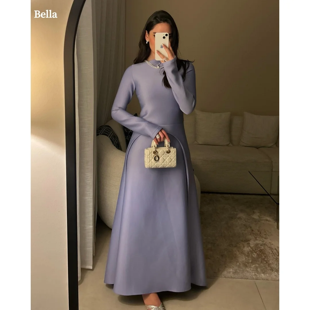 

Bella Customized Purple Long Sleeves Satin robes de soirée A-line High Neck Party Dresses Ankle-Length Formal Evening Prom Dress