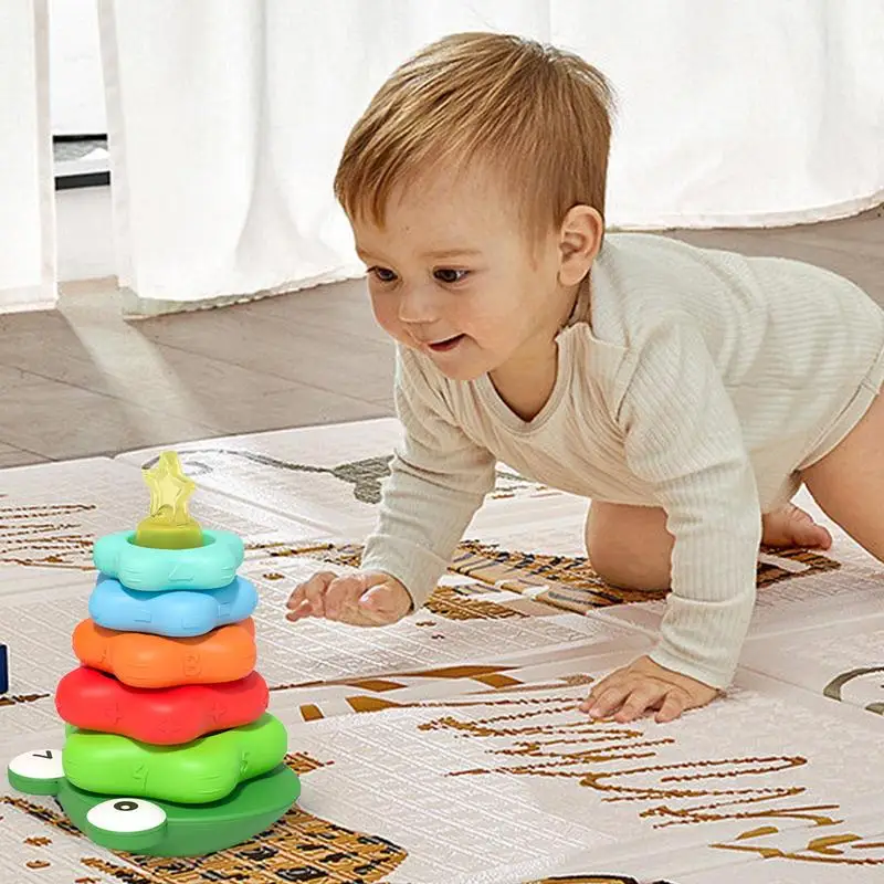 Baby Rainbow Stacking Ring Montessori Educational Games Toddler Play Toy Baby Stackable Towers Stacking Ring For Babies Girl Boy