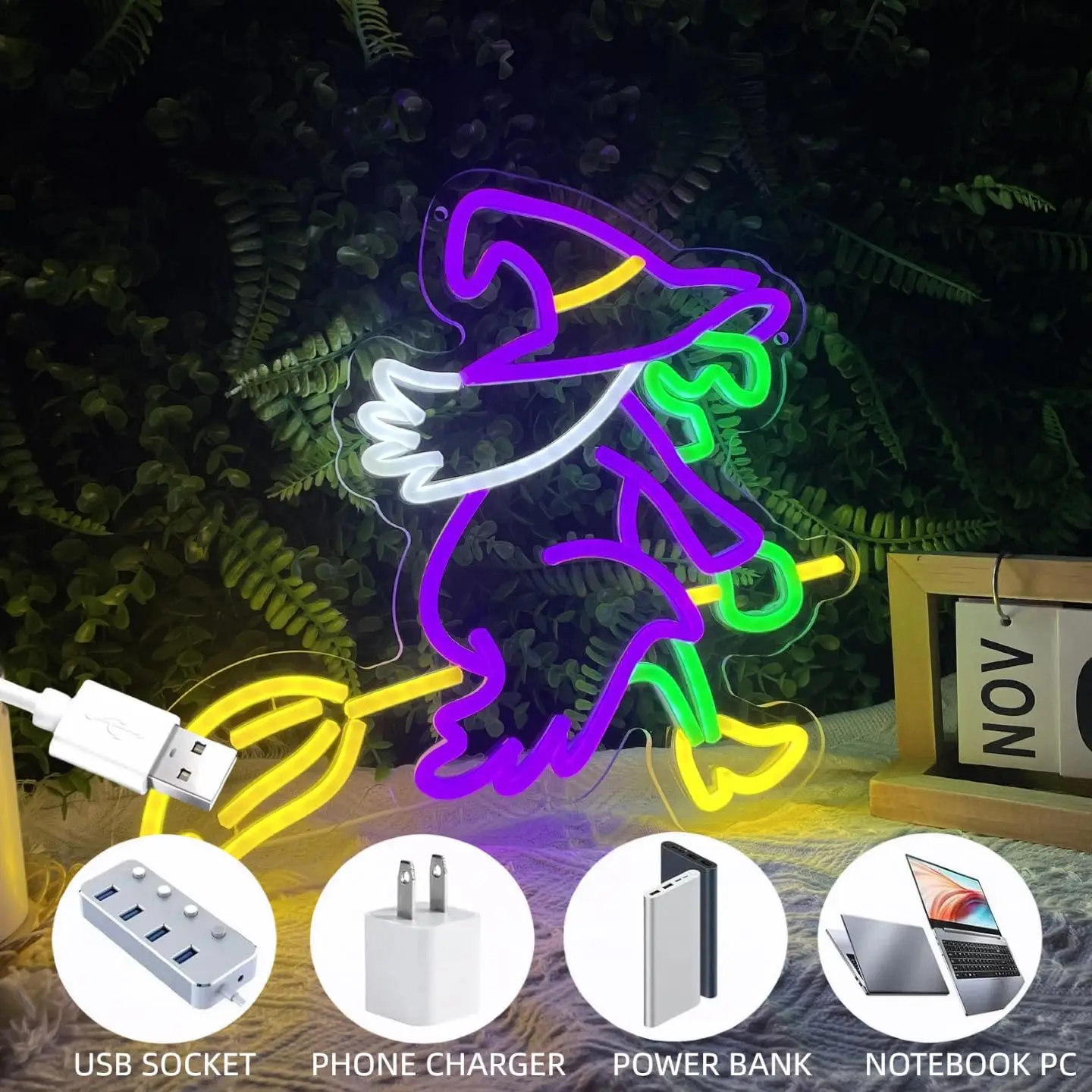 Bruxa com vassoura voadora sinal de néon alimentado por usb luz de néon de halloween para festa de halloween quarto caverna sala casa bar janela decoração