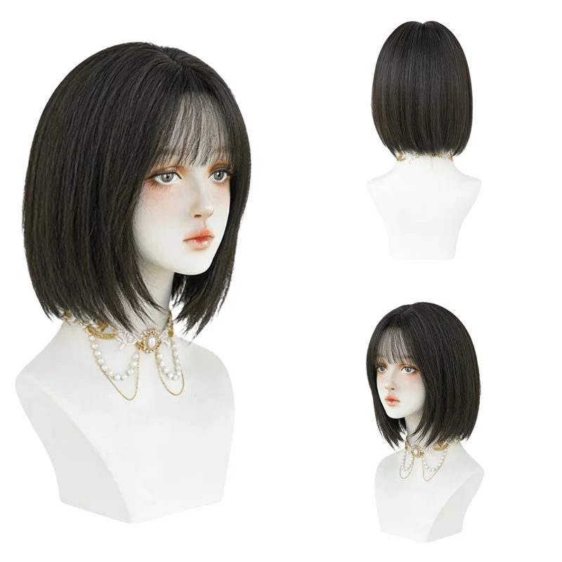 

Natural Black Tea Brown Short Bob Wig With Bangs For Women Heat Resistant Fiber Full Head Wig No Need Styling Daily Party Wear