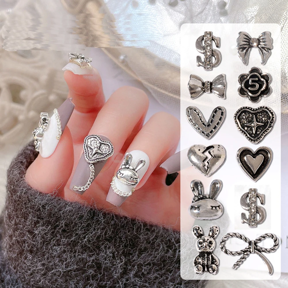 10pcs French Retro Heart Nail Art Charm 3D Metal Dollar Sign Heart Bow Rabbit Nail Jewelry Ancients Silver Nail Accessories