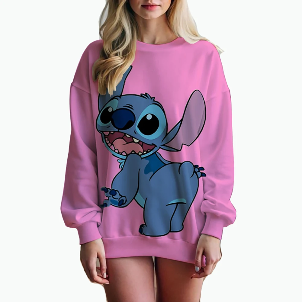 Damessweatshirt met Disney Stitch-print, lente- en herfsttrui met ronde hals, Koreaanse loszittende kleding, retro Harajuku K