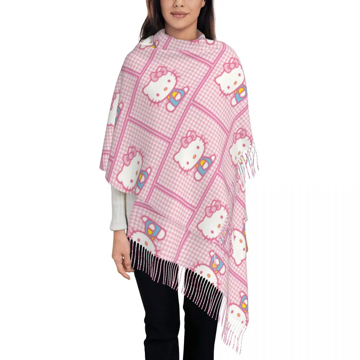 

Cute Cartoon Hello Kitty Shawls Wraps for Womens Warm Large Soft Scarf Pashminas Tassel Scarves