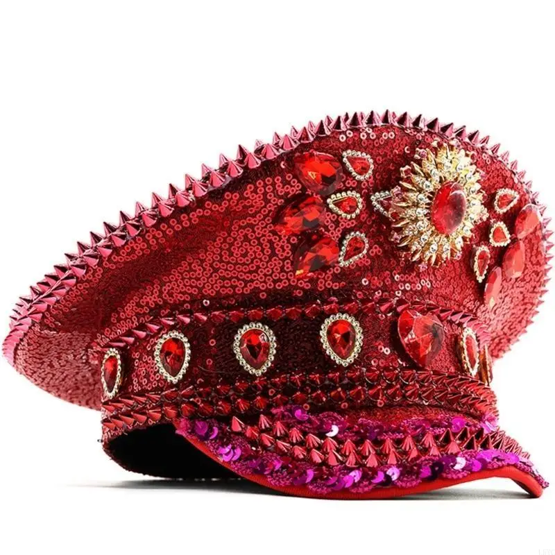 L5YC Rhinestones Marine Top Hat Rivet Studded Big Brims Hat for Youth para jóvenes para adultos Tema fiesta Festival Festival