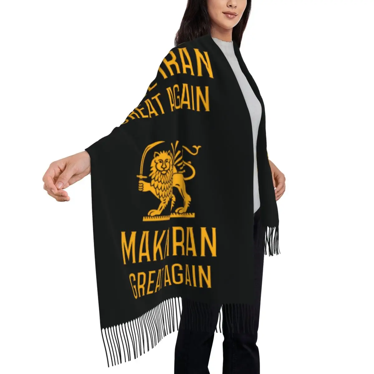 Make Iran Great Again Gold Lion Scarf with Tassel Keep Warm Shawl Wraps Women Printed Scarves Wraps Autumn y2k Cool Bandana
