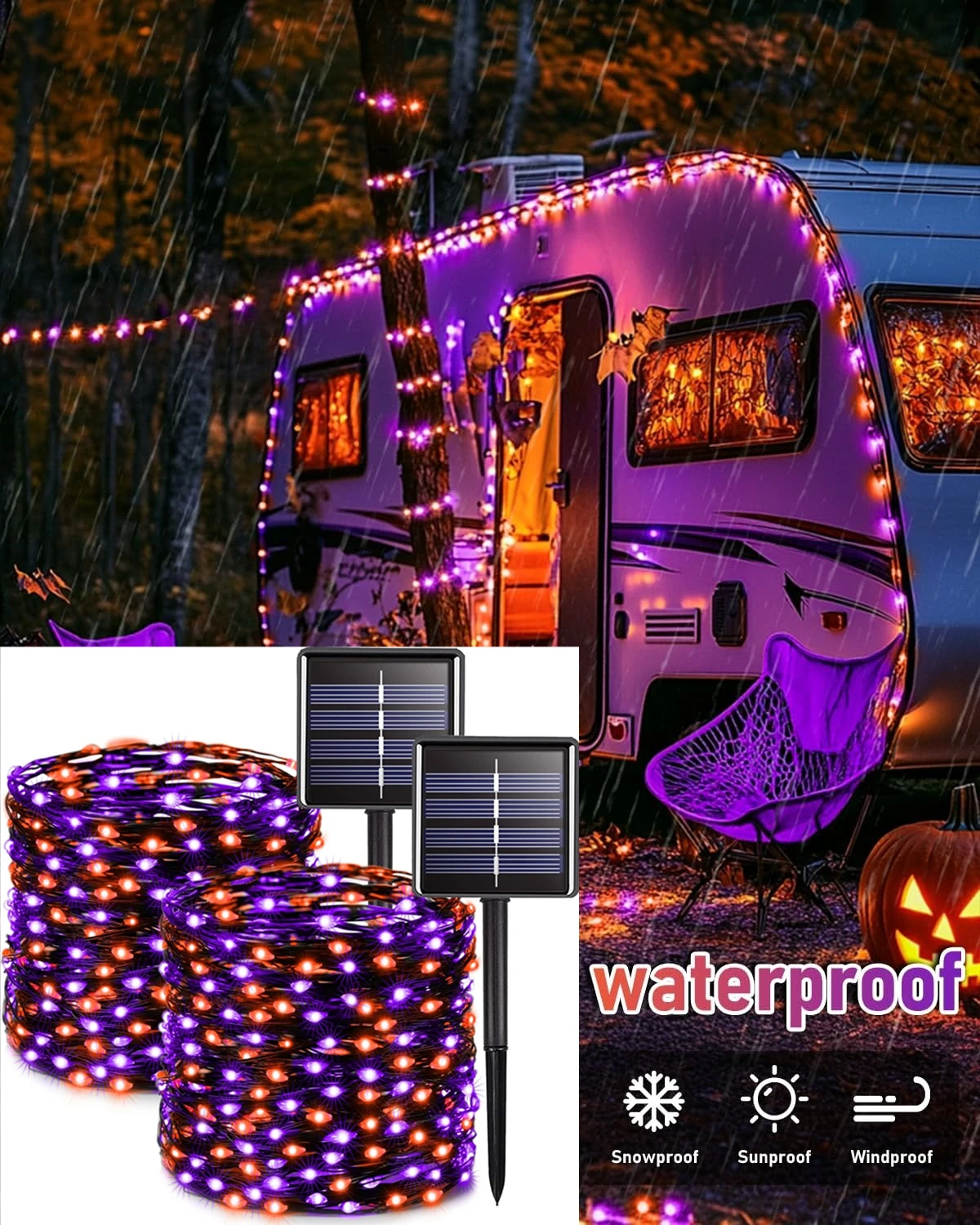 

2 упаковки, 12 м, солнечные фонари для Хэллоуина, 8 режимов, оранжевый, фиолетовый, черный провод, водонепроницаемый - уличный двор, жуткий декор для вечеринки