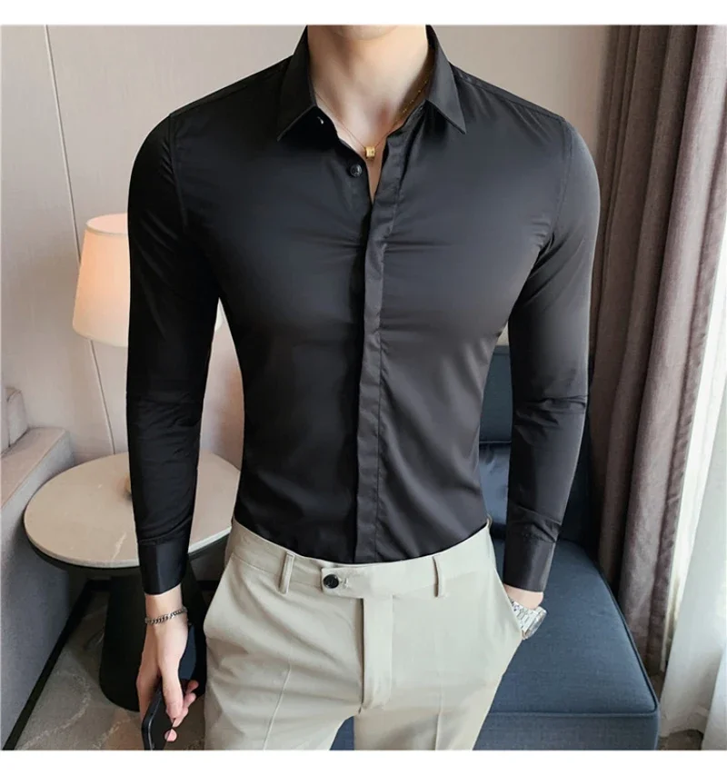 

Men's Shirt High Elasticity Seamless Long Sleeve Slim Casual Shirt Solid Color Business Formal Dress Shirts Social Blouse